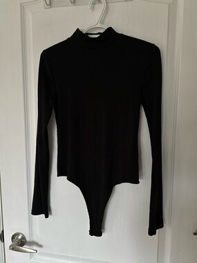 🔥 2/$20 Black Ribbed Long-Sleeve Mock Neck Thong Stretch Bodysuit Basic Chic